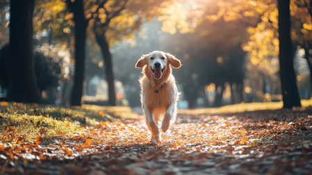 Joyful golden retriever running through an autumn park, surrounded by colorful fallen leaves and soft sunlight.の素材