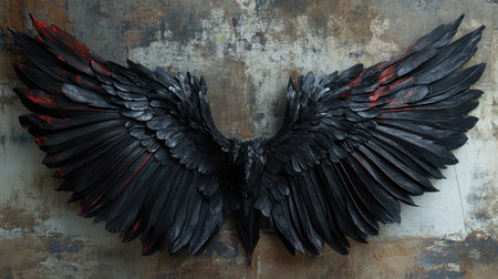 Large demonic wings, their edges sharp and menacing, detailed in deep black with subtle red accents.の素材