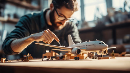 A male artisan meticulously assembles a miniature airplane model in a cozy workshop, showcasing his creativity and dedication to craftsmanship and detail in his craft.の素材