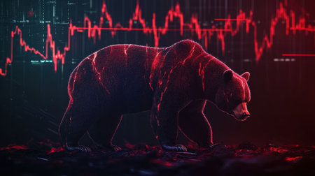 Dramatic depiction of a bear representing market decline, surrounded by financial graphs and red lines, evoking emotions of uncertainty and volatility in the economy.の素材