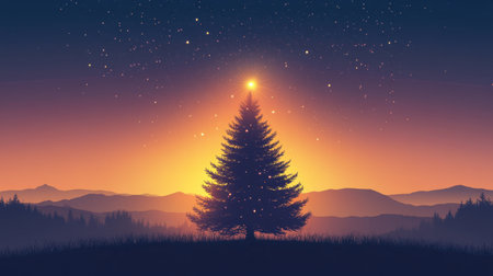 Silhouette of a Christmas tree glowing softly under a warm light, framed by a star-filled night sky, perfect for holiday designs.の素材