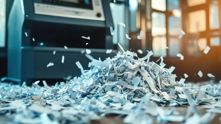 Shredded documents spilling onto the floor from a busy shredder, evoking themes of data security and efficiency.の素材