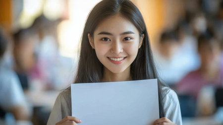 Young Asian woman smiling and holding a blank sheet of paper, surrounded by a softly blurred classroom settingの素材