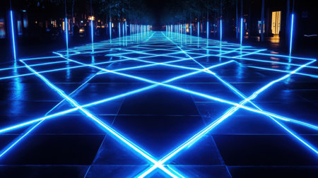 A stunning nighttime view of a futuristic pathway lit by mesmerizing blue neon lights, showcasing geometric patterns that create a vibrant urban atmosphere.の素材