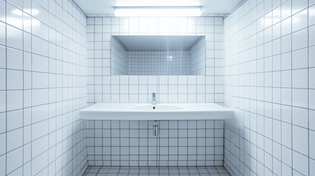 This image showcases a modern bathroom with a minimalist design featuring white tiles, a large sink, and bright lighting, ideal for contemporary and clean spaces.の素材