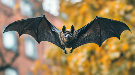 A striking image of a flying bat showcases its impressive wingspan and features, set against a vibrant autumn backdrop that enhances the beauty of nature.の素材