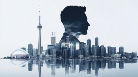 This stunning image features a silhouette of a man set against the iconic Toronto skyline, reflecting themes of dreams and aspirations in a modern urban environment.の素材