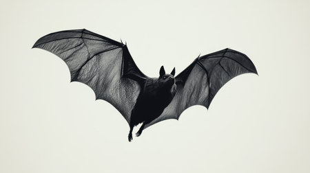 A stunning black and white image of a bat soaring through the air, showcasing its expansive wings and highlighting the grace and beauty of this fascinating nocturnal creature.の素材