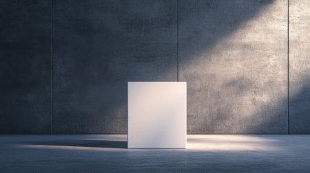 A minimalist white cube sits on a concrete floor, illuminated by dramatic light that creates striking shadows, perfect for showcasing design and artistic concepts in modern spaces.の素材