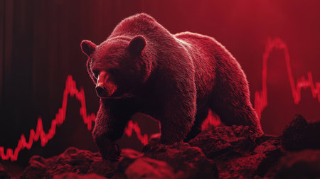 This striking image features a bear standing boldly in a vivid red landscape, symbolizing market volatility and financial trends, evoking powerful emotions about investments.の素材