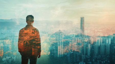 A young man stands on a rooftop, gazing at an expansive urban skyline during sunset. The image captures the essence of exploration and wonder in a vibrant city.の素材