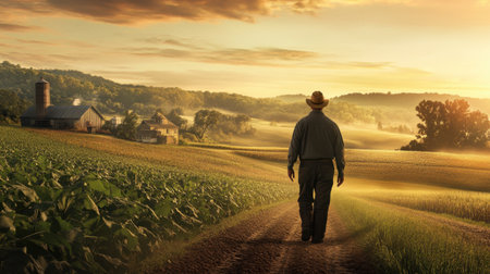 A tranquil scene of a farmer strolling along a dirt path at sunset, surrounded by vibrant fields and rustic barns, capturing the essence of country life and natural beauty.の素材