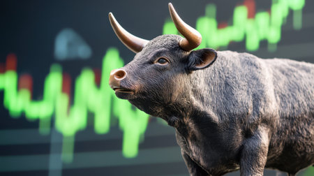 A lifelike bull sculpture stands prominently in front of a green stock market chart, symbolizing growth and prosperity in finance and investments.の素材