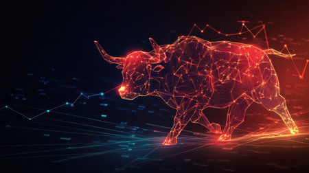 Vibrant digital illustration of a bull representing financial growth and market optimism, featuring luminous colors and geometric lines intertwined in an abstract design.の素材