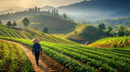 A picturesque view of a farmer walking through lush green rice terraces at sunrise. The vibrant landscape showcases scenic mountains and the tranquility of rural life.の素材