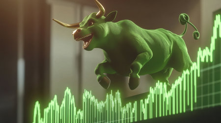 A vibrant green bull leaps in front of a financial chart, representing growth and optimism in financial markets. Ideal for concepts of success and investment strategies.の素材