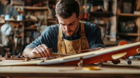 A skilled man engages in crafting a model airplane within his workshop, showcasing precision and creativity in a cozy, rustic environment filled with tools.の素材