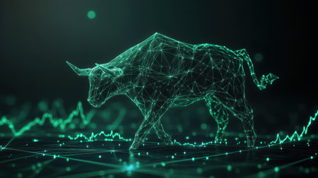 This striking digital illustration features a geometric bull, symbolizing financial growth and market trends, surrounded by vibrant data visualization elements in a neon aesthetic.の素材