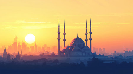 A stunning landscape featuring a mosque silhouette with prominent minarets at sunrise, creating a serene atmosphere amid a vibrant city skyline and colorful horizon.の素材