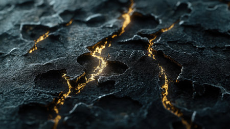A captivating abstract texture showcasing a cracked surface with golden light peeking through, offering a unique and contemporary design element for various artistic projects.の素材