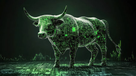 A striking digital bull symbolizes growth and strength in financial markets, featuring glowing data patterns set against a dark background to convey innovation and analysis.の素材
