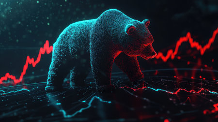 A striking digital artwork featuring a bear set against a backdrop of fluctuating financial data, illustrating the concept of bearish market trends and investment insights.の素材