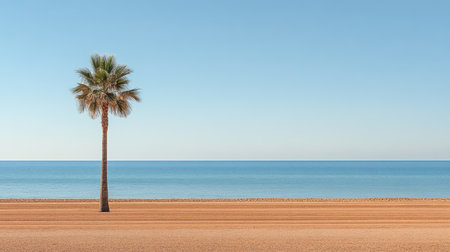 A peaceful beach scene showcasing a single palm tree standing on a sandy shore, with a tranquil ocean and clear blue sky, perfect for relaxation and vacation themes.の素材