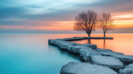 A peaceful sunset scene features two trees standing on a stone jetty by a calm lake. The vibrant colors of the sky are beautifully reflected in the tranquil water below.の素材