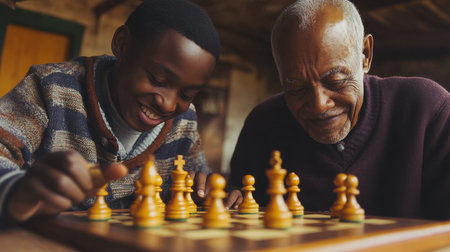 A heartwarming scene of a grandfather and grandson enjoying a game of chess, showcasing their joyful connection, smiles, and the importance of family traditions in a cozy environment.の素材