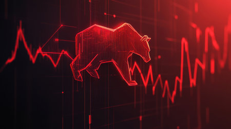 Dynamic digital illustration of a bear market with a declining graph, utilizing red tones to signify financial loss and trading analysis in a modern economic context.の素材