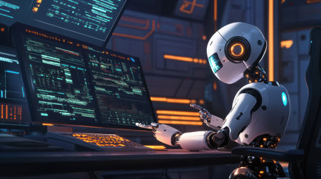 A futuristic robot interacts with advanced technology, analyzing data on a vibrant screen surrounded by complex code and a sci-fi atmosphere of innovation.の素材