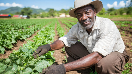 A dedicated farmer works in a lush green field, showcasing the beauty of agriculture and the importance of sustainable farming practices while nurturing healthy crops.の素材