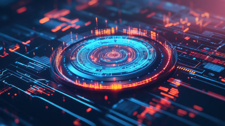 A mesmerizing futuristic circular interface showcasing glowing blue and red data elements against a dark abstract technology background, perfect for tech-themed projects.の素材