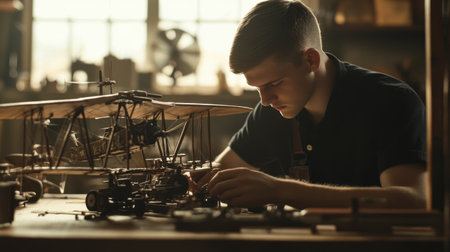 Focused young craftsman meticulously assembles a vintage aircraft model in a well-lit workshop, showcasing his skills with tools and passion for aviation craftsmanship.の素材