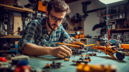 A young man shows dedication and focus while assembling intricate model kits in a well-organized workshop filled with various tools and materials.の素材
