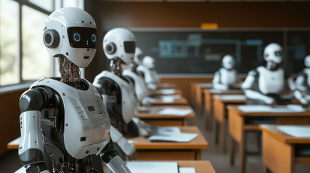 A futuristic classroom shows humanoid robots seated at desks, designed for learning. The scene illustrates innovation in education through technology in a modern setting.の素材