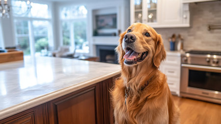 A joyful golden retriever is sitting in a modern kitchen filled with natural light, embodying happiness and warmth in a pet-friendly home space. Perfect for family themes.の素材