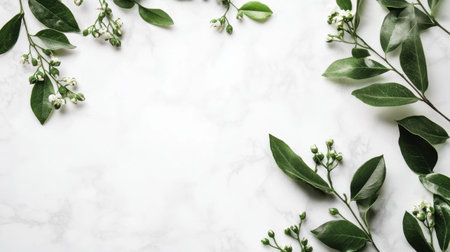 A serene arrangement of fresh green leaves and delicate blooms on a marble background, creating a tranquil and elegant atmosphere suitable for nature-inspired themes.の素材