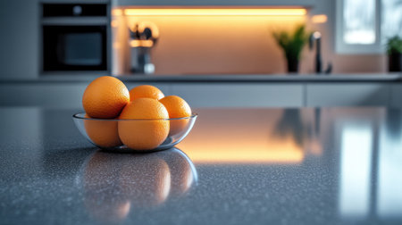 A modern kitchen scene featuring fresh oranges in a clear bowl on a sleek countertop. Soft ambient lighting creates a warm and inviting atmosphere perfect for cooking.の素材