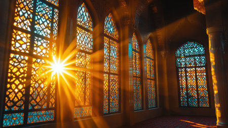 This captivating image features colorful sunlight streaming through intricately designed stained glass windows in a historical building, creating a serene and artistic atmosphere.の素材