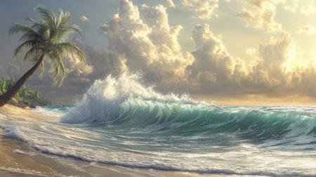 A breathtaking tropical beach scene with a large wave crashing onto the shore, a solitary palm tree, and a stunning view of fluffy clouds illuminated by warm sunlight.の素材