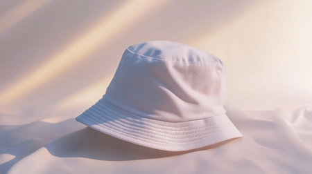 A stylish white bucket hat rests gently on a soft fabric surface, illuminated by warm lighting that enhances its minimalist design and summer vibe. Perfect for various activities.の素材