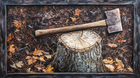 A well-used axe rests on a tree stump, surrounded by vibrant autumn leaves. This image captures the art of woodworking and the beauty of nature in fall.の素材