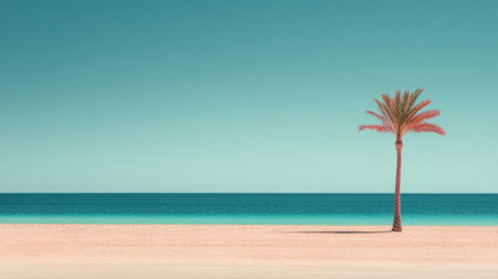 A tranquil beach scene featuring a lone palm tree standing against a calm turquoise sea under a clear sky, evoking feelings of relaxation and escape in a tropical paradise.の素材