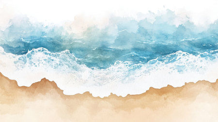 Beautiful watercolor representation of gentle ocean waves lapping against a sandy beach, evoking a sense of calm and relaxation perfect for a serene backdrop.の素材