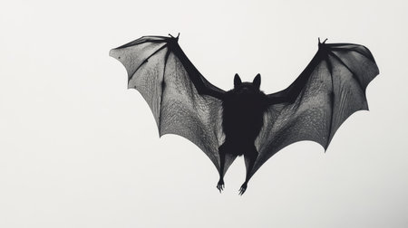 A stunning silhouette of a bat in flight highlights its delicate wing structure, capturing the beauty and mystery of nocturnal wildlife. Perfect for nature and animal themes.の素材