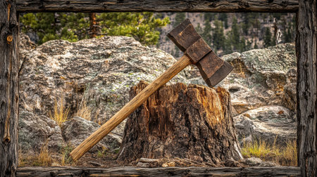 An imaginative scene featuring a rustic axe resting on a tree stump, surrounded by a beautiful mountain landscape. Ideal for themes of adventure and timber exploration.の素材
