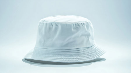 A stylish white bucket hat placed against a minimalist backdrop, perfect for summer fashion and outdoor adventures, offering comfort and versatility for any casual outfit.の素材