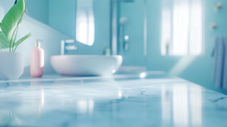 A tranquil bathroom scene featuring a polished marble countertop, delicate greenery, and soft light flowing through the space, inviting a serene atmosphere for relaxation and wellness.の素材