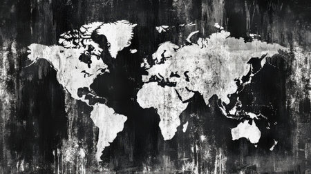 An artistic black and white world map with a grunge texture, perfect for projects related to travel, geography, or education, conveying a sense of exploration and adventure.の素材